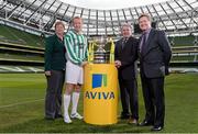 10 March 2014; At the quarter-final draw for the FAI Junior Cup are St. Michaels FC captain James Walsh with Teresa McCabe, FAI Junior Council President, FAI Junior Cup Ambassador Ray Houghton and John Quinlan, right, Managing Director, General Insurance, Aviva Ireland. FAI Junior Cup Quarter-Final Draw, Aviva Stadium, Lansdowne Road, Dublin. Photo by Sportsfile