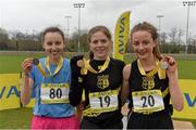 8 March 2014; Pictured are, from left to right, third placed Deirdre Healy, Institute of Education Dublin, first placed Siofra Cleirigh Buttner, Colaiste Iosagain Stillorgan, and second placed Sarah Ni Mhaolmhuire, Colaiste Iosagain Stillorga, after the Senior Girls 2500m race during the Aviva All-Ireland Schools Cross Country Championships. Cork IT, Bishopstown, Cork. Picture credit: Diarmuid Greene / SPORTSFILE