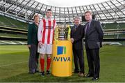 10 March 2014; At the quarter-final draw for the FAI Junior Cup are Geraldines FC captain Paul Danagher with Teresa McCabe, FAI Junior Council President, FAI Junior Cup Ambassador Ray Houghton and John Quinlan, right, Managing Director, General Insurance, Aviva Ireland. FAI Junior Cup Quarter-Final Draw, Aviva Stadium, Lansdowne Road, Dublin. Photo by Sportsfile