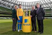 10 March 2014; At the quarter-final draw for the FAI Junior Cup are Carew Park FC captain Mark Keane with Teresa McCabe, FAI Junior Council President, FAI Junior Cup Ambassador Ray Houghton and John Quinlan, right, Managing Director, General Insurance, Aviva Ireland. FAI Junior Cup Quarter-Final Draw, Aviva Stadium, Lansdowne Road, Dublin. Photo by Sportsfile