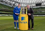 10 March 2014; At the quarter-final draw for the FAI Junior Cup are Collinstown FC captain Dean Carpenter and Ray Houghton. FAI Junior Cup Quarter-Final Draw, Aviva Stadium, Lansdowne Road, Dublin. Photo by Sportsfile