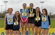 8 March 2014; Pictured are, from left to right, sixth placed Niamh Cotter, Colaiste Pobail Bheanntrai, fifth place Eileen Rafter, Ursuline Thurles, third place, Deirdre Healy, Institute of Education Dublin, first place Siofra Cleirigh Buttner, Colaiste Iosagain Stillorgan, second place Sarah Ni Mhaolmhuire, Colaiste Iosagain Stillorgan, and fourth placed Linda Conroy, Mercy Kilbeggan, after the Senior Girls 2500m race during the Aviva All-Ireland Schools Cross Country Championships. Cork IT, Bishopstown, Cork. Picture credit: Diarmuid Greene / SPORTSFILE