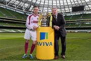 10 March 2014; At the quarter-final draw for the FAI Junior Cup are NUI Galway FC captain Ger Cheevers and FAI Junior Cup Ambassador Ray Houghton. FAI Junior Cup Quarter-Final Draw, Aviva Stadium, Lansdowne Road, Dublin. Photo by Sportsfile
