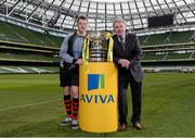 10 March 2014; At the quarter-final draw for the FAI Junior Cup are Ballynanty Rovers FC captain Stephen McNamara and FAI Junior Cup Ambassador Ray Houghton. FAI Junior Cup Quarter-Final Draw, Aviva Stadium, Lansdowne Road, Dublin. Photo by Sportsfile