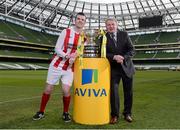 10 March 2014; At the quarter-final draw for the FAI Junior Cup are Geraldines FC captain Paul Danagher and FAI Junior Cup Ambassador Ray Houghton. FAI Junior Cup Quarter-Final Draw, Aviva Stadium, Lansdowne Road, Dublin. Photo by Sportsfile