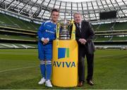 10 March 2014; At the quarter-final draw for the FAI Junior Cup are Liffey Wanderers captain Kenneth Roche and FAI Junior Cup Ambassador Ray Houghton. FAI Junior Cup Quarter-Final Draw, Aviva Stadium, Lansdowne Road, Dublin. Photo by Sportsfile