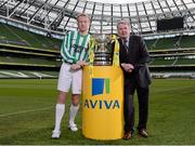 10 March 2014; At the quarter-final draw for the FAI Junior Cup are St. Michaels FC captain James Walsh and FAI Junior Cup Ambassador Ray Houghton. FAI Junior Cup Quarter-Final Draw, Aviva Stadium, Lansdowne Road, Dublin. Photo by Sportsfile