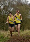 8 March 2014; Eventual winner Andrew Coscoran, left, and eventual second place Aaron Hanlon, both of St Mary's Drogheda, in action during the Senior Boys 6500m race at the Aviva All-Ireland Schools Cross Country Championships. Cork IT, Bishopstown, Cork. Picture credit: Diarmuid Greene / SPORTSFILE