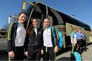 11 March 2014; Allstars, from left, Aoife Lyons, Kerry, Sinead Goldrick, Dublin, and Bernie Breen, Kerry, prepare to board their coach to Dublin Airport ahead of their departure for the TG4 Ladies Football All-Star Tour 2014 to Hong Kong, China. Picture credit: Brendan Moran / SPORTSFILE