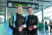 11 March 2014; Allstars Fiona McHale, left, Mayo, and Bronagh Sheridan, Cavan, at Dublin Airport ahead of their departure for the TG4 Ladies Football All-Star Tour 2014 to Hong Kong, China. Picture credit: Brendan Moran / SPORTSFILE