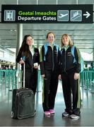11 March 2014; Allstars, from left, Sinead Goldrick, Dublin, Ann Marie Walsh and Elaine Harte, both Cork, at Dublin Airport head of their departure for the TG4 Ladies Football All-Star Tour 2014 to Hong Kong, China. Picture credit: Brendan Moran / SPORTSFILE