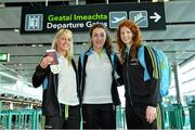 11 March 2014; Allstars, from left, Bernie Breen, Aoife Lyons and Louise Ni Mhuircheartaigh, all from Kerry, at Dublin Airport head of their departure for the TG4 Ladies Football All-Star Tour 2014 to Hong Kong, China. Picture credit: Brendan Moran / SPORTSFILE