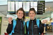 11 March 2014; Sisters Doireann, left, and Ciara O'Sullivan, from Cork, in Dublin Airport ahead of their departure for the TG4 Ladies Football All-Star Tour 2014 to Hong Kong, China. Picture credit: Brendan Moran / SPORTSFILE
