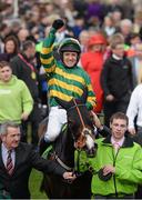 11 March 2014; Jockey Barry Geraghty celebrates on Jezki as they are led into the winners enclosure, by groom Paddy Kennedy, after victory in the Stan James Champion Hurdle Challenge Trophy. Cheltenham Racing Festival 2014. Prestbury Park, Cheltenham, England. Picture credit: Barry Cregg / SPORTSFILE