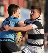 11 March 2014; Redmond Kelly, St. Michael's College, is tackled by Mark Donnelly, Belvedere College. Beauchamps Leinster Schools Junior Cup, Semi-Final, St. Michael's College v Belvedere College, Donnybrook Stadium, Donnybrook, Dublin. Picture credit: Piaras Ó Mídheach / SPORTSFILE