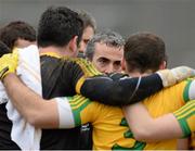 9 March 2014; Jim McGuinness, Donegal manager, during the team talk before the game. Allianz Football League Division 2 Round 4, Donegal v Meath, MacCumhaill Park, Ballybofey, Co. Donegal. Picture credit: Oliver McVeigh / SPORTSFILE