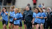 23 February 2014; The Dublin manager Gregory McGonigle and his players after the game. Tesco HomeGrown Ladies Football National League Division 1, Monaghan v Dublin, Inniskeen, Co. Monaghan. Picture credit: Oliver McVeigh / SPORTSFILE
