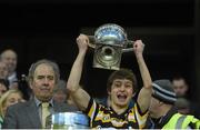 23 January 2013; Ben Mac Cormaic, Coláiste Eoin, lifts the cup. Leinster Colleges Senior Football Championship Final, Coláiste Eoin v Marist Athlone. Croke Park, Dublin. Picture credit: Ray McManus / SPORTSFILE