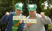 7 September 2005; Ireland fans Kevin Moore, Dungarvan, Co. Waterford and Jim Kinsella, Enniscorthy, Co. Wexford were celebrating after winning tickets to the big match from www.carlsbergmoments.ie, a website created by Carlsberg for fans to vote for their favourite World Cup moment - Kevin voted for Kevin Sheedy's goal against England in Italia '90, while Jim voted for McAteers goal against the Dutch in the 2002 qualifiers. Ray Houghton's goal against Italy in USA '94 is currently leading the poll. Berkeley Court Hotel, Dublin. Picture credit; Brendan Moran / SPORTSFILE