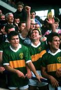 21 September 1986; Kerry's Ger Power, left, Denis &quot; Ogie &quot; Moran, centre, and Timmy Dowd celebrate Kerry's victory over Tyrone. Kerry v Tyrone, All-Ireland Football Final, Croke Park, Dublin. Picture credit; Ray McManus / SPORTSFILE
