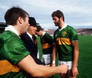 22 September 1985; Kerry captain Paidi O'Se introduces President of Ireland Patrick Hillary to Kerry full forward Eoin &quot; Bomber &quot; Liston before the game. All-Ireland Football Final, Kerry v Dublin, Croke Park, Dublin. Picture credit; Ray McManus / SPORTSFILE