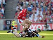 11 September 2005; Kieran Murphy, Cork, in action against Fergal Healy, Galway. Guinness All-Ireland Senior Hurling Championship Final, Galway v Cork, Croke Park, Dublin. Picture credit; Brendan Moran / SPORTSFILE *** Local Caption *** Any photograph taken by SPORTSFILE during, or in connection with, the 2005 Guinness All-Ireland Hurling Final which displays GAA logos or contains an image or part of an image of any GAA intellectual property, or, which contains images of a GAA player/players in their playing uniforms, may only be used for editorial and non-advertising purposes.  Use of photographs for advertising, as posters or for purchase separately is strictly prohibited unless prior written approval has been obtained from the Gaelic Athletic Association.