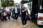 13 September 2005; The Cork City players, Danny Murphy, right, and Denis Behan, centre, on their arrival at their team hotel in advance of their 2005 UEFA Cup First Round, First Leg tie with Slavia Prague. Praha Hotel, Prague, Czech Republic. Picture credit: David Maher / SPORTSFILE