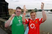 14 September 2005; Cork City supporters Ian Costello and Ciara Callaghan show their support on the Charles Brigde in advance of their 2005 UEFA Cup First Round, First Leg tie with Slavia Prague. Prague, Czech Republic. Picture credit: David Maher / SPORTSFILE