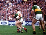 21 September 1986; Paidi O Se, Kerry, supported by team-mate Jack O'Shea (8), holds off the challenge of Paudge Quinn, Tyrone. Kerry v Tyrone, All-Ireland Football Final, Croke Park, Dublin. Picture credit; Ray McManus / SPORTSFILE