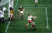 21 September 1986; Paudge Quinn, Tyrone, contests possession with Paidi O Se, Kerry, watched by Kerry's Tom Spillane and goalkeeper Charlie Nelligan. Kerry v Tyrone, All-Ireland Football Final, Croke Park, Dublin. Picture credit; Ray McManus / SPORTSFILE