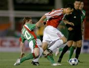 15 September 2005; Joe Gamble, Cork City, in action against Tomas Hrdlicka, Slavia Prague. UEFA Cup, First Round, First Leg, Slavia Prague v Cork City, Evzena Rosickeho Strahov Stadium, Prague, Czech Republic. Picture credit: David Maher / SPORTSFILE