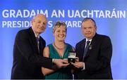 14 March 2014; Majella Smith, St Croan's, Roscommon, is presented with her GAA President's Awards for 2014 award by Uachtarán Chumann Lúthchleas Gael Liam Ó Néill and Denis O’Callaghan, AIB, Head of Branch Banking, left. Majella Smith's lifelong involvement with the GAA started with Scór in the 1970s but has seen her progress to roles with both county and club as a widely respected and experienced administrator. After assisting her county Supporters' Club initially her Club came calling after spotting her zeal for organisation. She has been a driving force in that club's ongoing development as Rúnaí for the last 13 years. Picture credit: Pat Murphy / SPORTSFILE