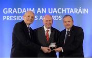 14 March 2014; Paddy Burke, Tír Conaill Gaels, London, is presented with his GAA President's Awards for 2014 International award by Uachtarán Chumann Lúthchleas Gael Liam Ó Néill and Denis O’Callaghan, AIB, Head of Branch Banking, left. A Donegal native, Paddy Burke has had a long and illustrious involvement with the GAA in London but most notably Tír Chonaill Gaels. Having served the club as a player and manager - with no little success - he brought his influence to bear on two key projects, namely the formation of an underage section and the acquisition of a permanent home for the club. Picture credit: Pat Murphy / SPORTSFILE