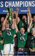 15 March 2014; Ireland's Paul O'Connell, left, and Brian O'Driscoll lift the trophy following their victory. RBS Six Nations Rugby Championship 2014, France v Ireland. Stade De France, Saint Denis, Paris, France. Picture credit: Stephen McCarthy / SPORTSFILE