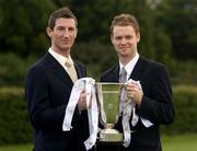 13 September 2005; Derry City's Clive Delaney, left, with Tony McDonnell, UCD captain, at a photocall ahead of the eircom League Cup Final between UCD and Derry City which will take place in Belfield Park on September 20th. UCD, Dublin. Picture credit: Brian Lawless / SPORTSFILE
