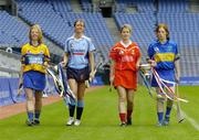 13 September 2005; Senior captains Elaine Burke, Cork, second from right, and Deirdre Hughes, Tipperary, with Junior captains Deirdre Murphy, Clare, left, and Eimear Brannigan, Dublin, second from left, at a Captains Day in advance of the Foras na Gaeilge All-Ireland Senior and Junior Camogie Championship Finals to be played on September 18th. Croke Park, Dublin. Picture credit; Pat Murphy / SPORTSFILE