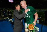15 March 2014; Ireland's Paul O'Connell is congratulated by Ronan O'Gara following his side's victory. RBS Six Nations Rugby Championship 2014, France v Ireland. Stade De France, Saint Denis, Paris, France. Picture credit: Stephen McCarthy / SPORTSFILE