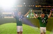 15 March 2014; Ireland's Jonathan Sexton, left, and Brian O'Driscoll celebrates with the trophy following their side's victory. RBS Six Nations Rugby Championship 2014, France v Ireland. Stade De France, Saint Denis, Paris, France. Picture credit: Stephen McCarthy / SPORTSFILE