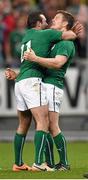 15 March 2014; Ireland's Brian O'Driscoll, right, celebrates with team-mate Dave Kearney following the final whistle. RBS Six Nations Rugby Championship 2014, France v Ireland. Stade De France, Saint Denis, Paris, France. Picture credit: Stephen McCarthy / SPORTSFILE