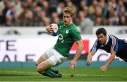 15 March 2014; Andrew Trimble, Ireland, goes over for his side's second try. RBS Six Nations Rugby Championship 2014, France v Ireland. Stade De France, Saint Denis, Paris, France. Picture credit: Stephen McCarthy / SPORTSFILE