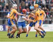 16 March 2014; Seamus Prendergast, Waterford, supported by Colin Ryan, in action against Patrick O'Connor, left, and Cian Dillon, Clare. Allianz Hurling League, Division 1A, Round 4, Clare v Waterford, Cusack Park, Ennis, Co. Clare. Picture credit: Ray McManus / SPORTSFILE