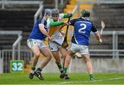 16 March 2014; Dan Currams, Offaly, in action against Richie McCarthy, left, and Stephen Walsh, Limerick. Allianz Hurling League, Division 1B, Round 4, Offaly v Limerick, O'Connor Park, Tullamore, Co. Offaly. Picture credit: Ramsey Cardy / SPORTSFILE