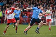 16 March 2014; Michael Darragh Macauley, Dublin, in action against Benny Heron and Mark Lynch, Derry. Allianz Football League, Division 1, Round 5, Derry v Dublin, Celtic Park, Derry. Picture credit: Oliver McVeigh / SPORTSFILE