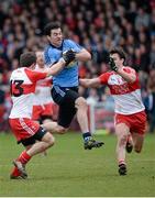 16 March 2014; Michael Darragh Macauley, Dublin, in action against Benny Heron and Mark Lynch, Derry. Allianz Football League, Division 1, Round 5, Derry v Dublin, Celtic Park, Derry. Picture credit: Oliver McVeigh / SPORTSFILE