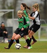 16 March 2014; Chloe Mustaki, Peamount United, supported by team-mate Susan Byrne, in action against Siobhan Killeen, Raheny United. Bus Éireann Women's National League, Peamount United v Raheny United, Greenogue, Newcastle, Dublin. Picture credit: Piaras Ó Mídheach / SPORTSFILE