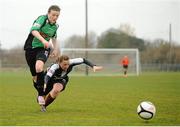 16 March 2014; Jetta Berrill, Peamount United, in action against Clare Condon, Raheny United. Bus Éireann Women's National League, Peamount United v Raheny United, Greenogue, Newcastle, Dublin. Picture credit: Piaras Ó Mídheach / SPORTSFILE