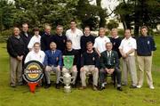 15 September 2005; The Fortwilliam Golf Club, back row, l to r; Len Macauley, Pat Kenny, Bulmers, Mark McKenna, Michael Graham, Michael Tierney, Gareth Tierney, Ryan McLarnon, Paul Maguire, Kris Krangle, Gary Brown, Eoin McComb, front row, l to r, Conan McLarnon, Brian McCann, Team Captain, Gary O'Hara and Lindsay Shanks, President of the GUI, who beat Galway in the Bulmers Junior Cup Final. Bulmers Cups and Shields finals, Rosslare Golf Club, Rosslare, Wexford. Picture credit; Ray McManus / SPORTSFILE