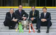 19 September 2005; Mickey Harte, left, Tyrone manager, Des Crowley, 2nd from left, Chief Executive, Retail Financial Services Ireland, Sean Kelly, President of the GAA, and Kerry manager Jack O'Connor, right, at a photocall ahead of the Bank of Ireland All-Ireland Senior Football Championship final. Baggot Street, Dublin. Picture credit; Brendan Moran / SPORTSFILE