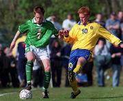 27 April 1999; Alan Maybury of Republic of Ireland in action against Patric Andersson of Sweden during the U21 International friendly match between Republic of Ireland and Sweden at Birr Town FC in Birr, Offaly. Photo By Brendan Moran/Sportsfile