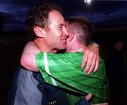 11 May 1999; Republic of Ireland manager Brian Kerr, left, celebrates with goalscorer Ger Crossley following the UEFA European U-18 Championship Qualifier Second Leg match between Republic of Ireland and Northern Ireland in Tolka Park in Dublin. Photo by David Maher/Sportsfile